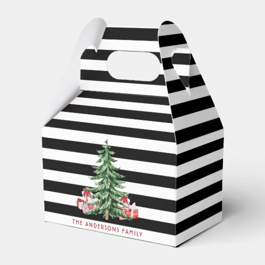 Zwart-wit gestreepte waterverf kerstboom bedankdoosjes (Voorkant Zijde)