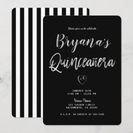 Zwart & Wit Gestreepte Zilver Hart 15 Quinceañera Kaart