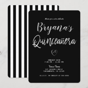 Zwart & Wit Gestreepte Zilver Hart 15 Quinceañera Kaart
