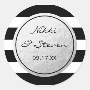 Zwart & wit gestreepte zilverfolie stickerlabel ronde sticker