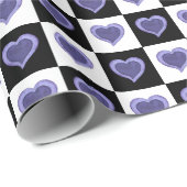 Zwart-wit gevlekt patroon, paarse harten cadeaupapier (Rol Hoek)