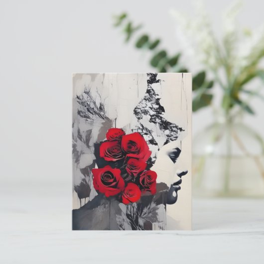 Zwart-wit gezicht met rode rozen, gemengd medium briefkaart (Staand voorkant)