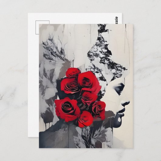 Zwart-wit gezicht met rode rozen, gemengd medium briefkaart (Voorkant / Achterkant)