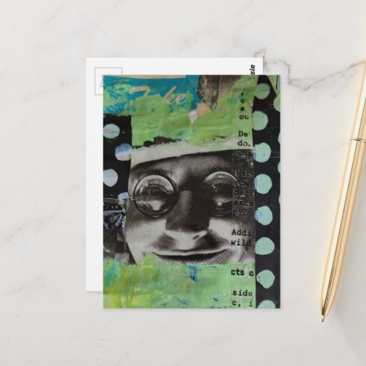 Zwart-wit gezicht met stippen collage briefkaart (Voorkant / Achterkant in situ)