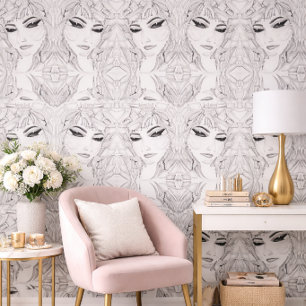 Zwart-wit gezichtspatroon Moderne Chic Decoratie Behang