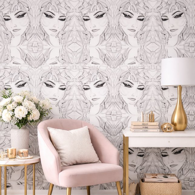 Zwart-wit gezichtspatroon Moderne Chic Decoratie Behang (Creator heeft geüpload)