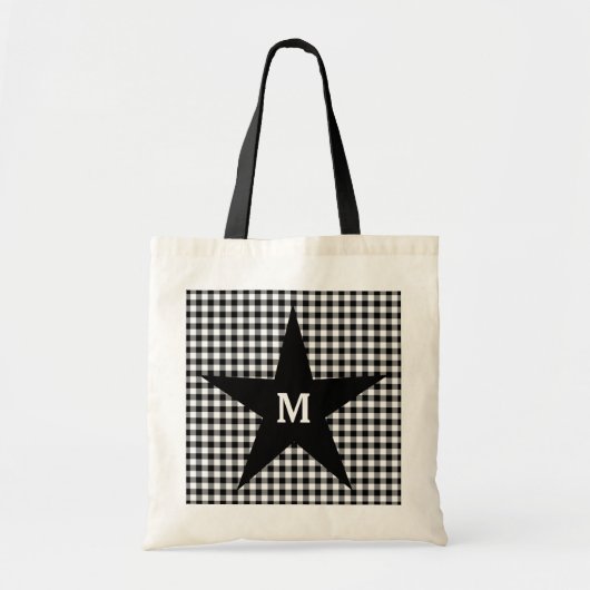 Zwart-wit Gingham Aanpassen Monogram Star Tote Bag (Voorkant)