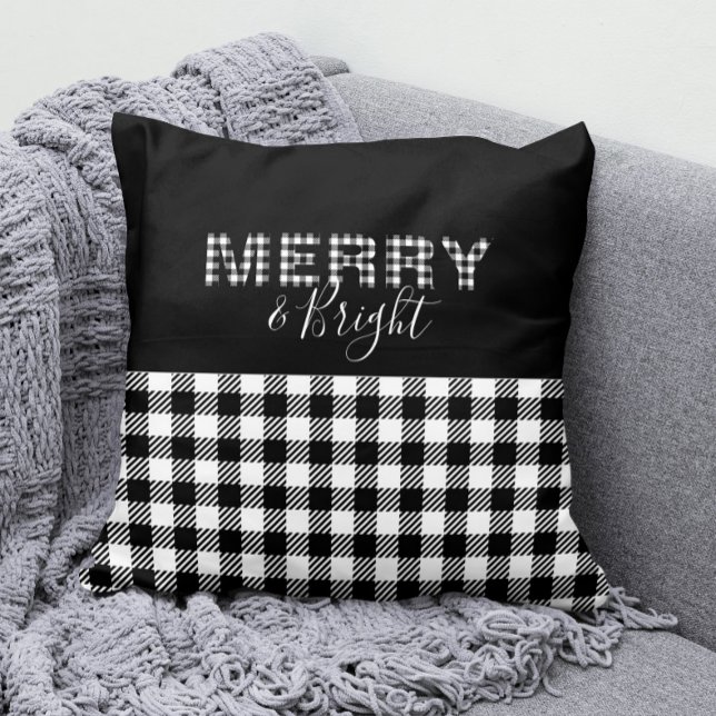 Zwart-wit Gingham Buffalo Check Merry & Bright Kussen (Merry and Bright Gingham / Buffalo Check Pillow in Black and White)