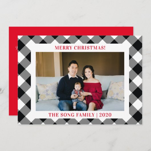 Zwart-wit Gingham Check Afgespeelde Foto Feestdagenkaart (Voorkant / Achterkant)