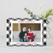 Zwart-wit Gingham Check Afgespeelde Foto Feestdagenkaart (Staand voorkant)