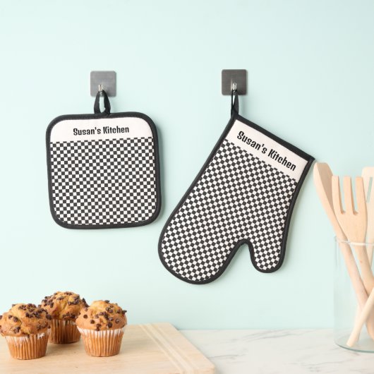 Zwart wit Gingham controleert ontwerp Ovenwant & Pannenlap Set (Insitu(Ophanging))