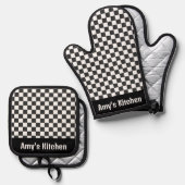 Zwart wit Gingham controleert ontwerp Ovenwant & Pannenlap Set (Voorkant / Achterkant)
