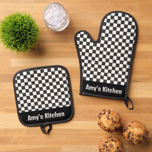 Zwart wit Gingham controleert ontwerp Ovenwant & Pannenlap Set (Top down)