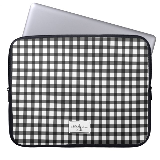 Zwart wit Gingham geplakt Patroonmonogram gecheckt Laptop Sleeve (Voorkant)