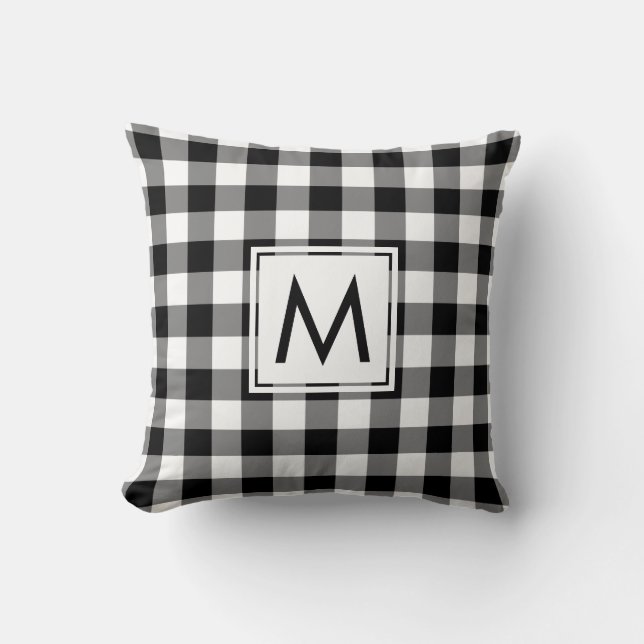 Zwart-wit Gingham Patroon, Custom Monogram Kussen (Voorkant)