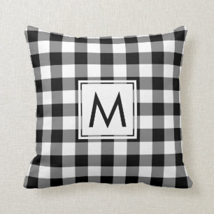 Zwart-wit Gingham Patroon, Custom Monogram Kussen