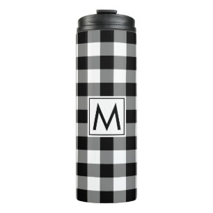Zwart-wit Gingham Patroon met Monogram Thermosbeker