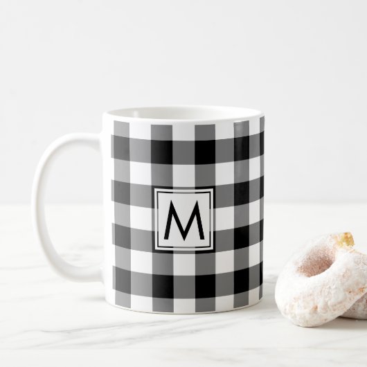 Zwart Wit Gingham Plaid Patroon met Monogram Koffiemok (Met donut)