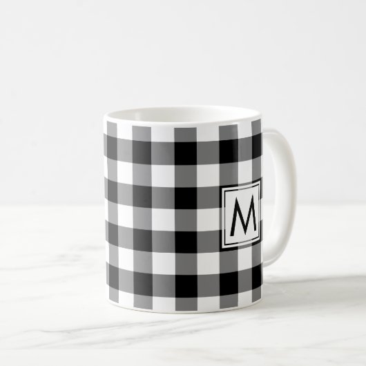 Zwart Wit Gingham Plaid Patroon met Monogram Koffiemok (Voorkant rechts)