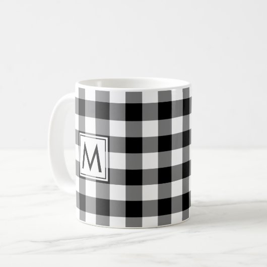 Zwart Wit Gingham Plaid Patroon met Monogram Koffiemok (Voorkant links)