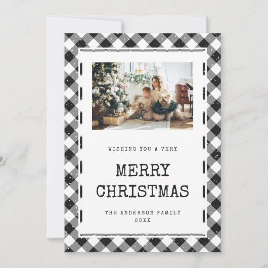 Zwart-wit Gingham Sneeuwfoto Vrolijk Kerstfeest Feestdagenkaart (Voorkant)