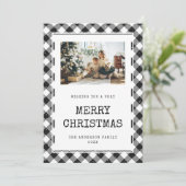 Zwart-wit Gingham Sneeuwfoto Vrolijk Kerstfeest Feestdagenkaart (Staand voorkant)