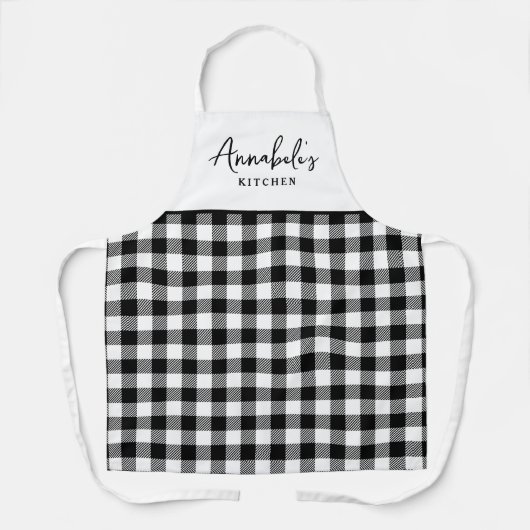 Zwart-wit Gingham Stijlvol Script Schort (Voorkant)