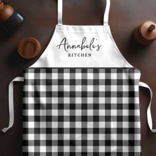 Zwart-wit Gingham Stijlvol Script Schort