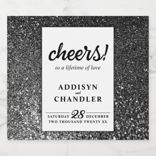 Zwart-wit Glam Chic Modern Wedding Glitter Sparkling Wijnetiket (Enkel label)