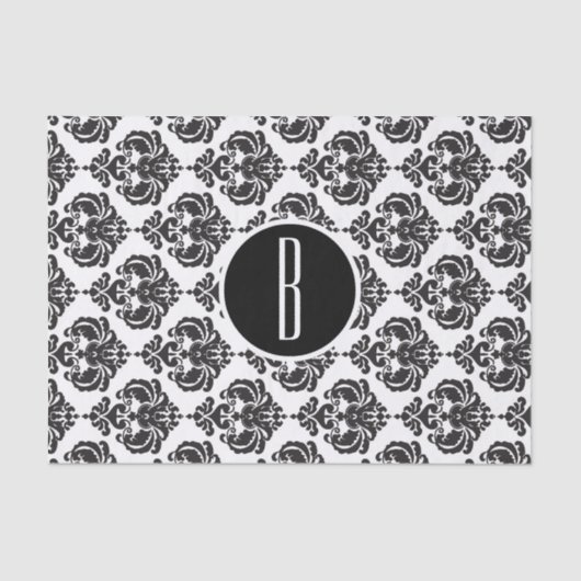 Zwart Wit Glam Damask Monogram Letter Initiaal Tissuepapier (Voorkant)