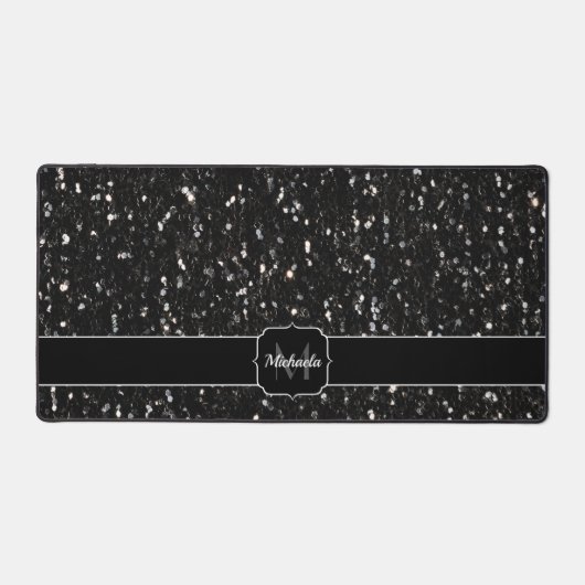 Zwart wit glanzend glitter fonkelt Monogram Bureaumat (Voorkant)