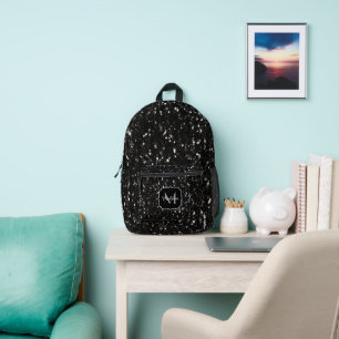 Zwart-wit glanzend glitter glinstert Monogram Bedrukte Rugzak