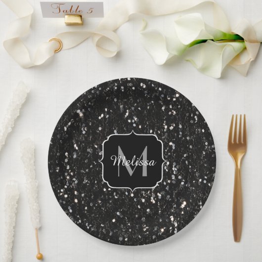 Zwart wit glanzende glitter vonken Monogram Papieren Bordje (Huwelijk)