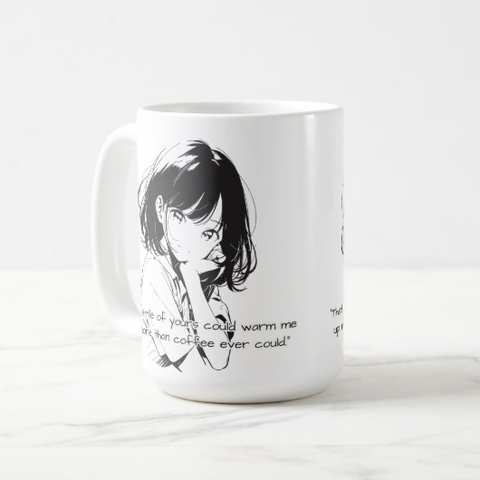Zwart-wit glimlachende anime meisje koffiemok (Voorkant links)