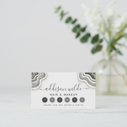 Zwart-wit glitter Agate Geode Luxe Klantenkaartje (Staand voorkant)