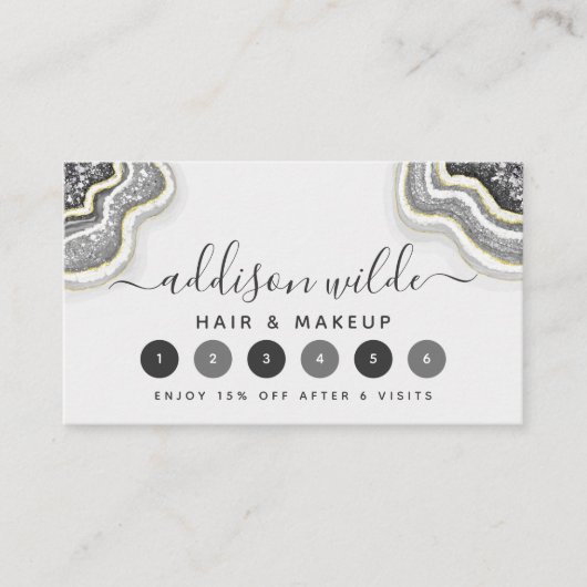 Zwart-wit glitter Agate Geode Luxe Klantenkaartje (Voorkant)