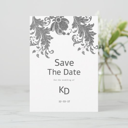 Zwart wit glitter bloemenkant Save The Date Kaart (Staand voorkant)