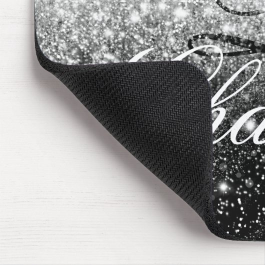 Zwart-wit Glitter Girly Script Monogram Naam Muismat (Hoek)