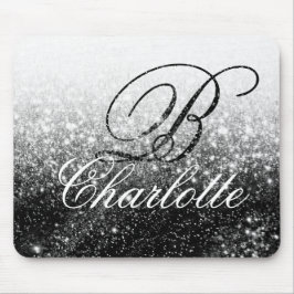 Zwart-wit Glitter Girly Script Monogram Naam Muismat
