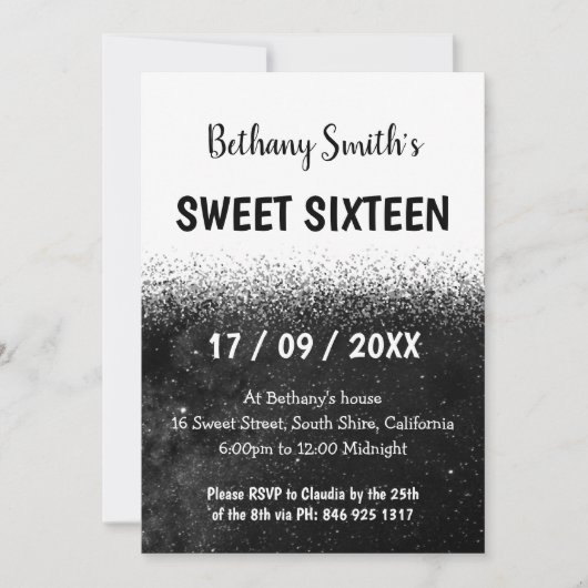 Zwart-wit Glitter Ombre Sweet 16 Uitnodiging (Voorkant)