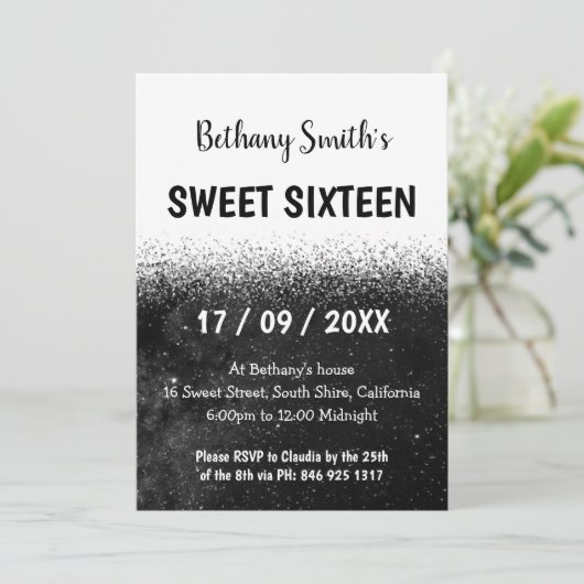 Zwart-wit Glitter Ombre Sweet 16 Uitnodiging (Staand voorkant)