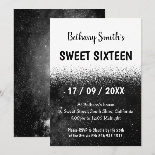 Zwart-wit Glitter Ombre Sweet 16 Uitnodiging (Voorkant / Achterkant)