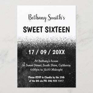 Zwart-wit Glitter Ombre Sweet 16 Uitnodiging