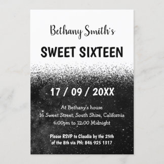 Zwart-wit Glitter Ombre Sweet 16 Uitnodiging