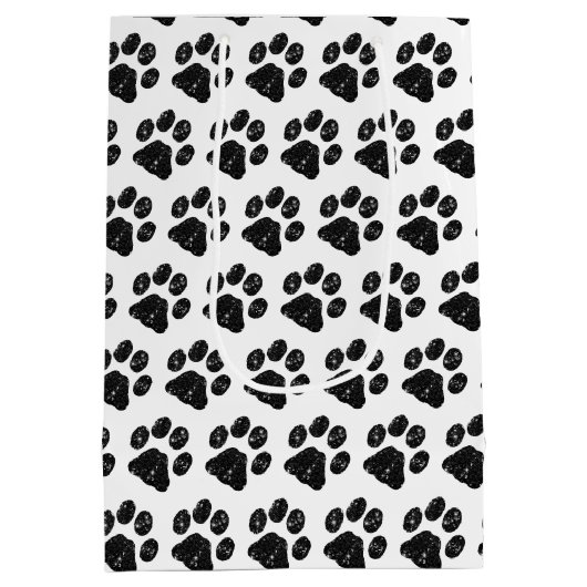 Zwart wit glitter Paw afdrukken Medium Cadeauzakje (Achterkant)