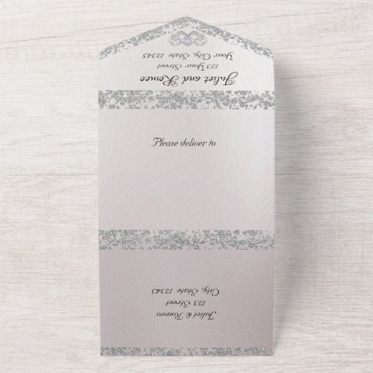 Zwart & Wit, Glitter Rand & Dubbele Harten All In One Uitnodiging (Buitenkant)