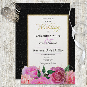 Zwart & Wit Glitter & Roze Rozen Bruiloft Kaart