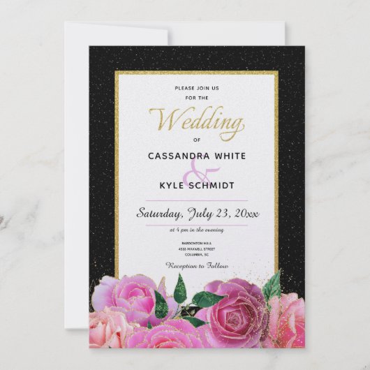 Zwart & Wit Glitter & Roze Rozen Bruiloft Kaart (Voorkant)