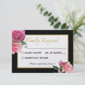 Zwart & Wit Glitter & Roze Rozen Bruiloft RSVP Kaartje (Staand voorkant)