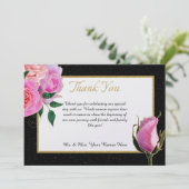 Zwart & Wit Glitter & Roze Rozen met Goud Bedankkaart (Staand voorkant)
